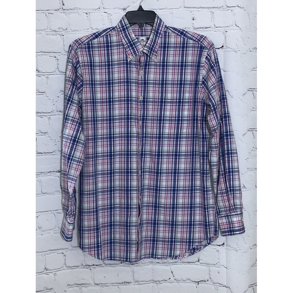 Peter Millar Shirt Mens Large Button Down Blue Pink White Gray Plaid Long Sleeve